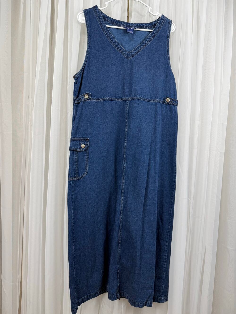 Vintage 90s TY Wear Denim Jumper Dress 100% Cotton Midi Cargo Pocket Size 10
